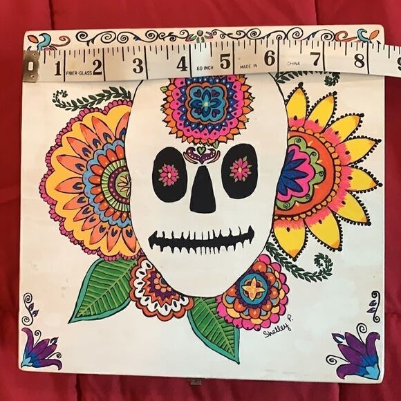 Sugar Skull Hinged Box Hand Painted Day of the Dead - Picture 4 of 6